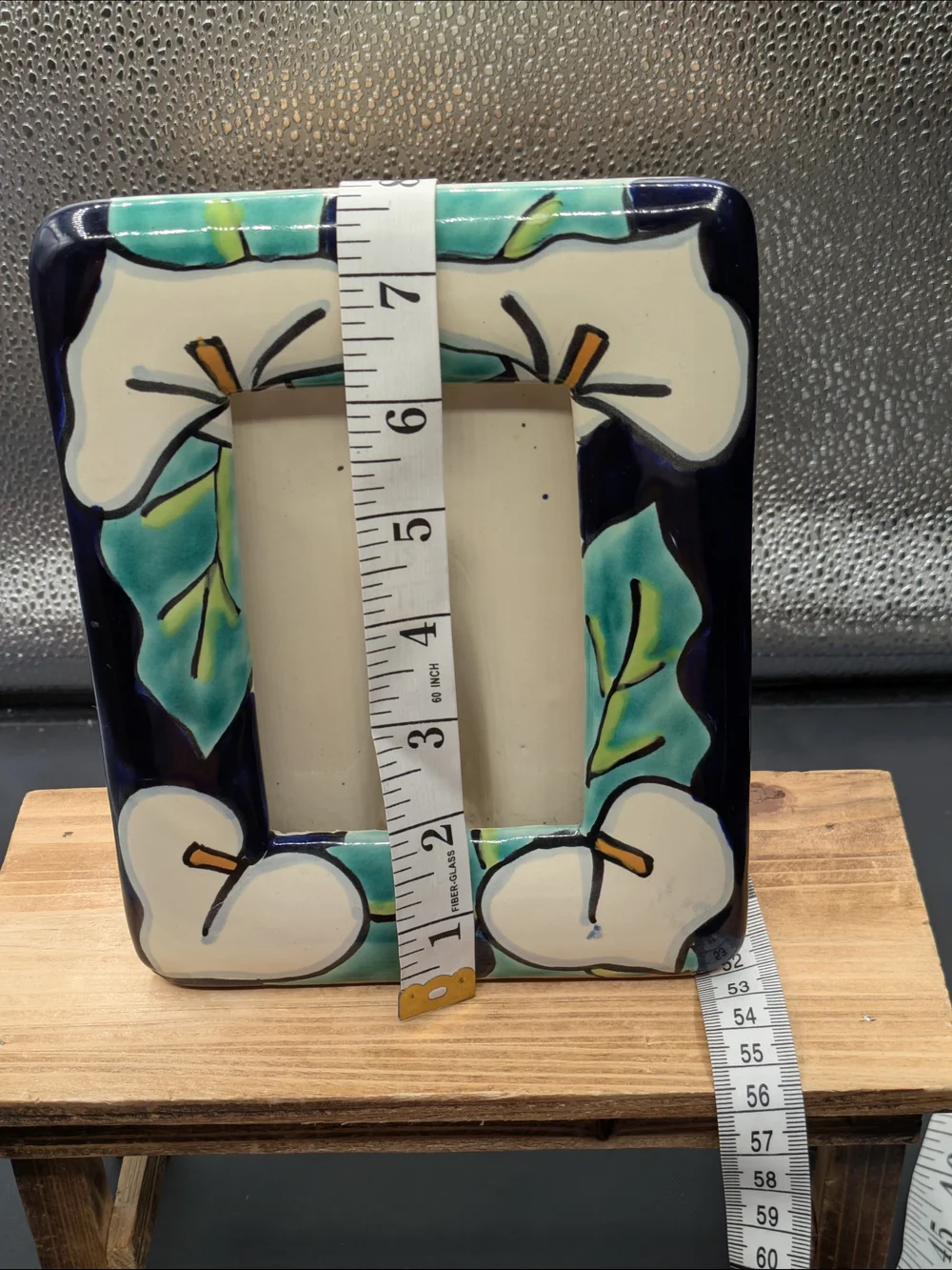 Hand-Painted Ceramic Floral Picture Frame in Teal & Navy Talavera Calla Lilies